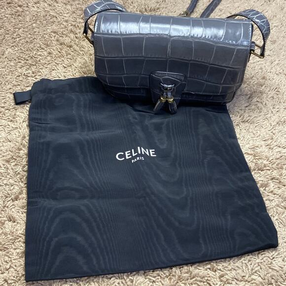 Authentic Celine Women Gray Anthracite Croc Embossed Leather Tassel Handbag - Picture 3 of 15